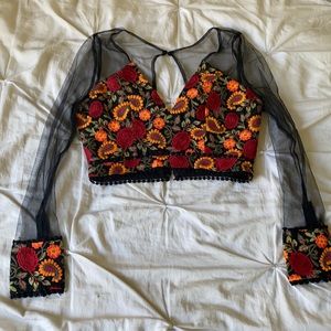 Embroidered Sheer Sleeve Crop Top